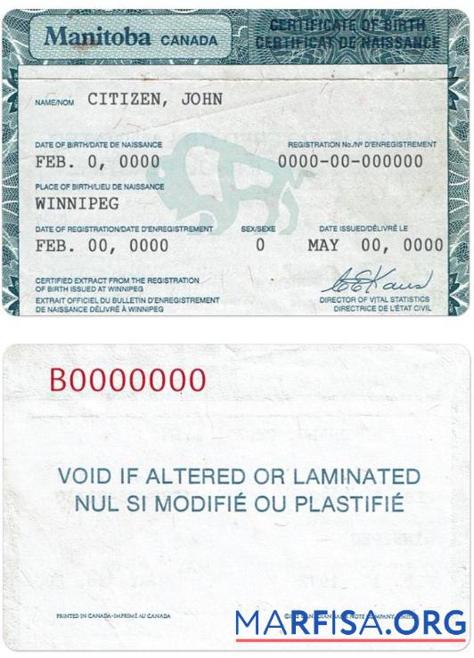 Realistic Canada Manitoba birth certificate PSD template SCREEN